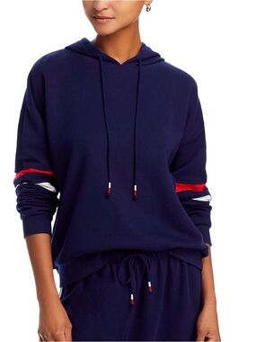 Aqua Navy Hoodie Sweater with Red & White Sleeve Stripes